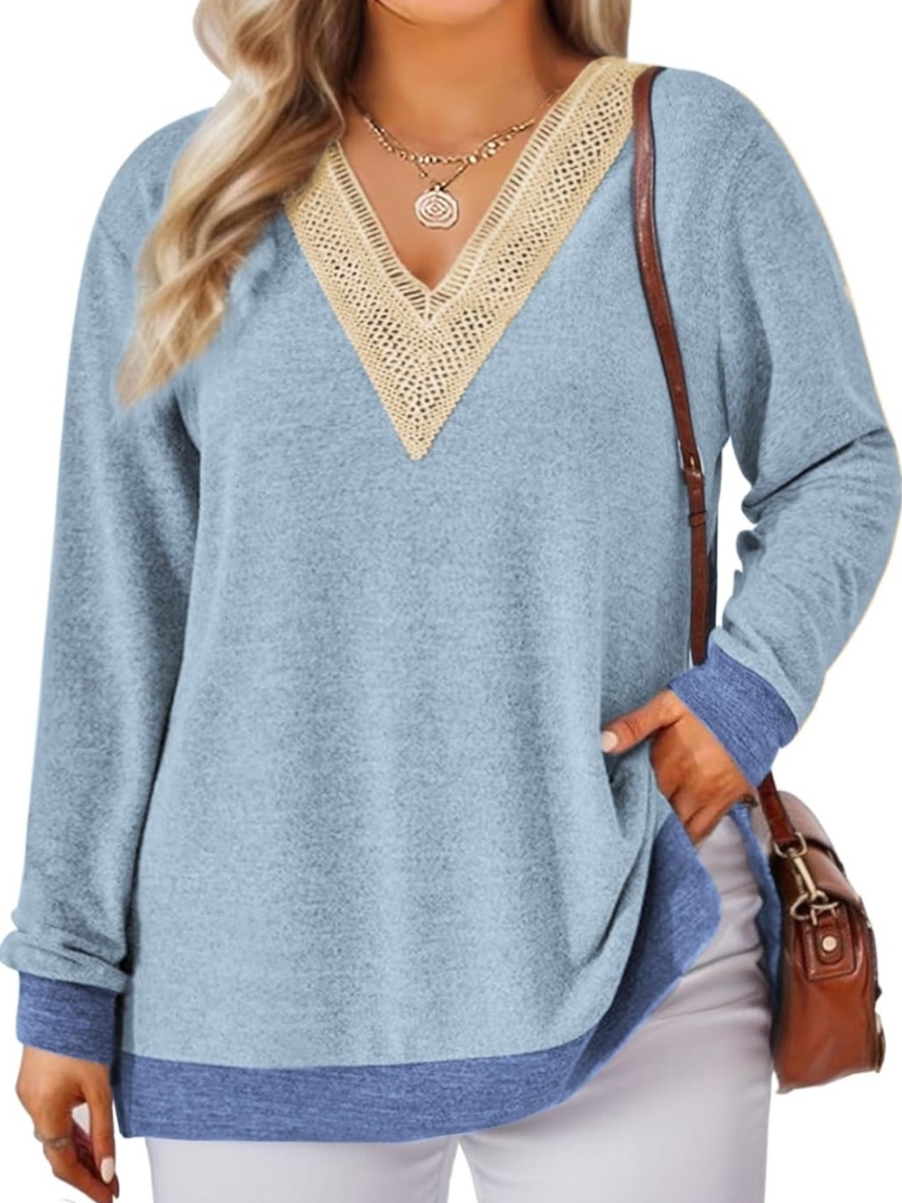 NWT Light Blue V-Neck Crochet-Trim Tunic Lagenlook Boho‎ Soft
